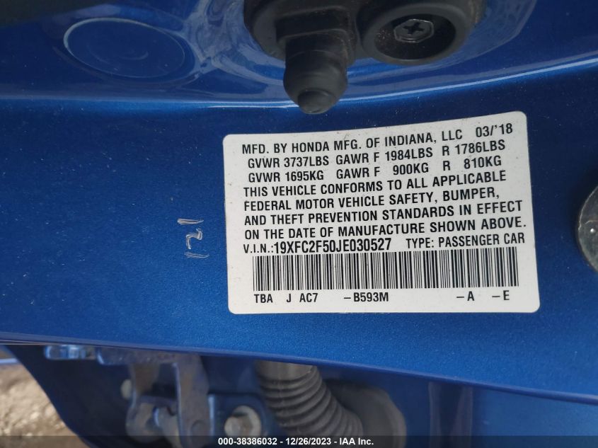 2018 HONDA CIVIC LX - 19XFC2F50JE030527