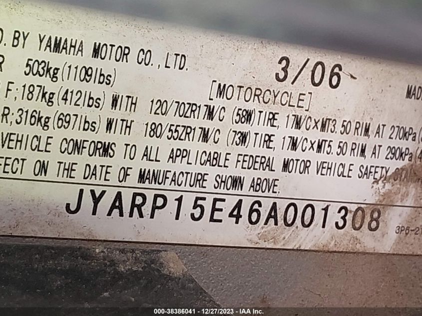 2006 YAMAHA FJR1300 - JYARP15E46A001308