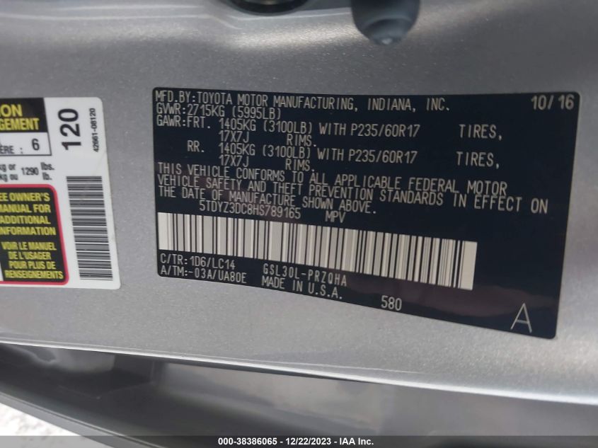 5TDYZ3DC8HS789165 2017 TOYOTA SIENNA, photo no. 9