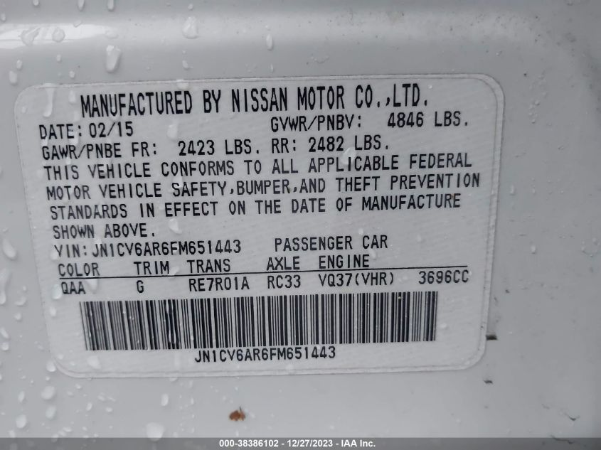2015 INFINITI Q40 JN1CV6AR6FM651443