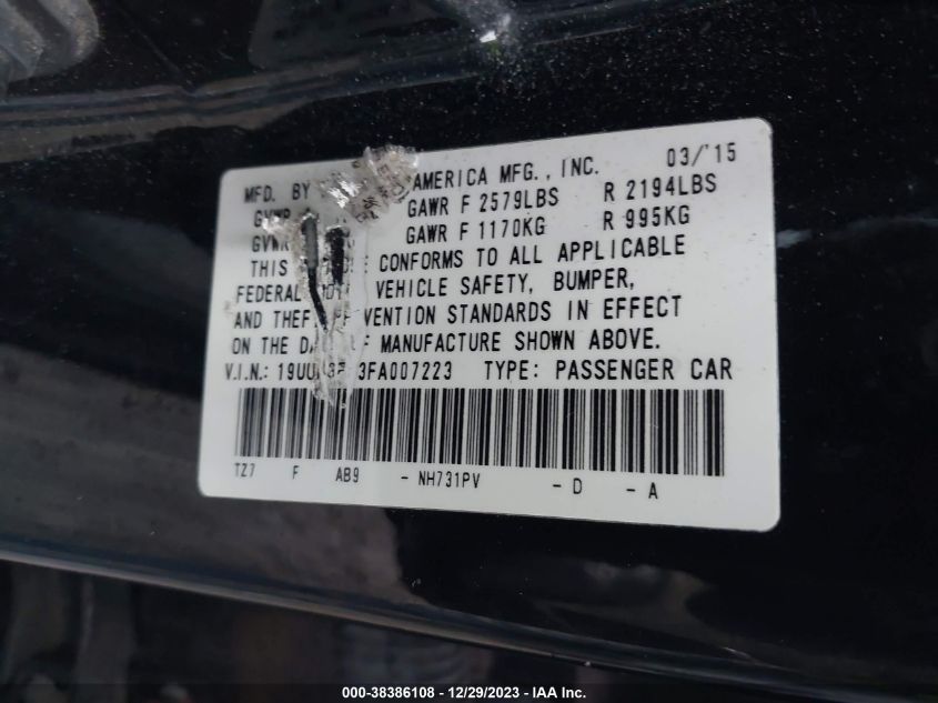 2015 ACURA TLX TECH - 19UUB3F53FA007223