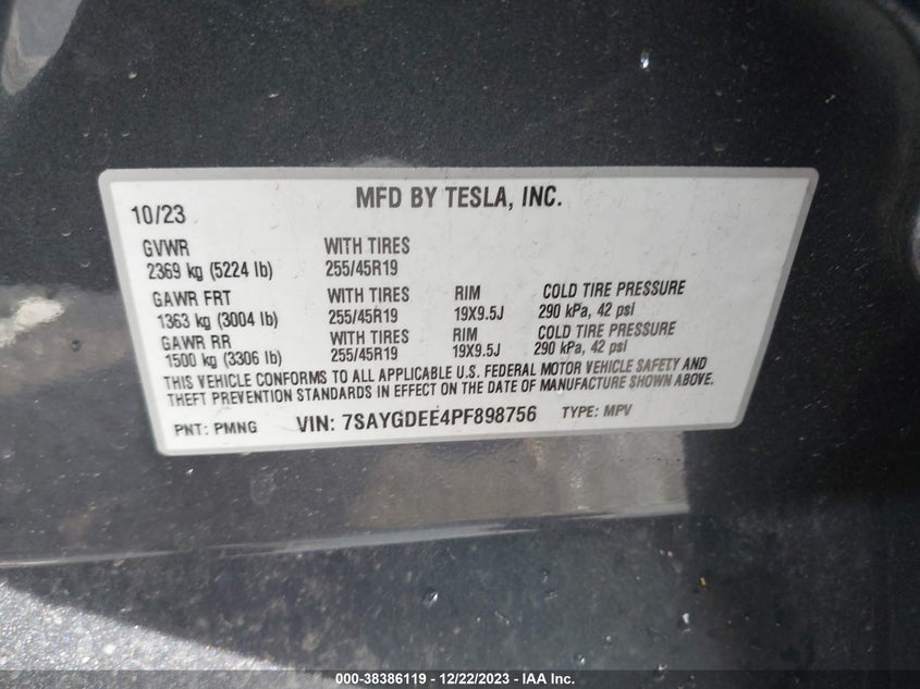 VIN 7SAYGDEE4PF898756 2023 TESLA MODEL Y AWD/LONG RANGE DUAL MOTOR ALL-WHEEL DRIVE