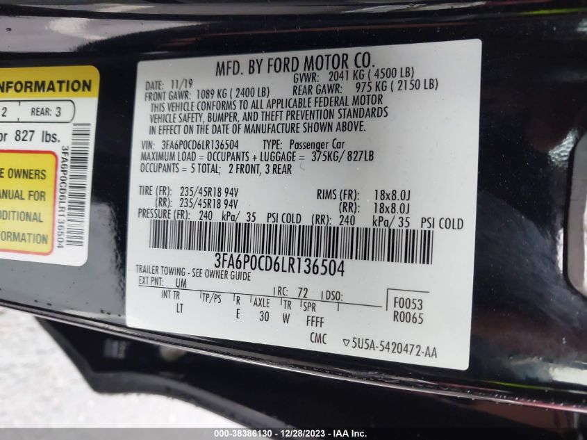 2020 FORD FUSION SEL - 3FA6P0CD6LR136504