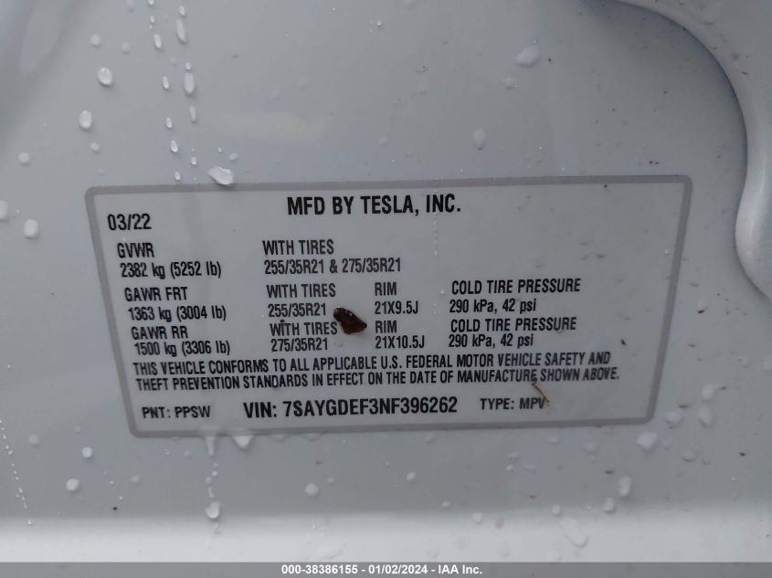 2022 TESLA MODEL Y PERFORMANCE DUAL MOTOR ALL-WHEEL DRIVE - 7SAYGDEF3NF396262