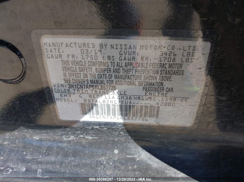 2019 NISSAN VERSA S/S PLUS/SV - 3N1CN7AP6KL857726