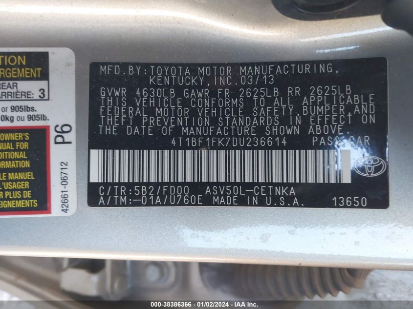 2013 TOYOTA CAMRY LE - 4T1BF1FK7DU236614