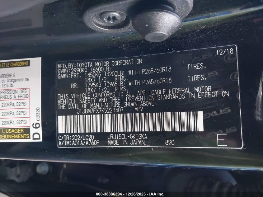 2019 LEXUS 460 PREMIUM JTJBM7FX7K5223407