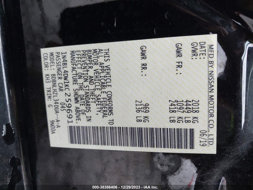 VIN 1N4BL4DW1KC259691 2019 NISSAN ALTIMA 2.5 SV