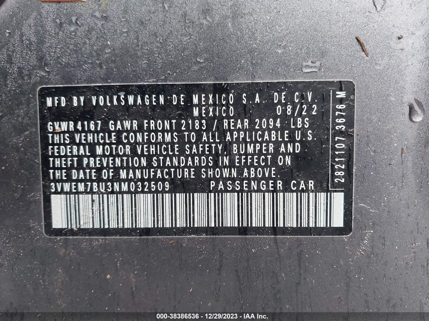 VIN 3VWEM7BU3NM032509 2022 VOLKSWAGEN JETTA SE
