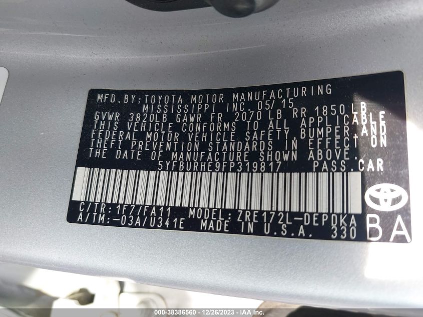 2015 TOYOTA COROLLA L/LE/LE PLS/PRM/S/S PLS - 5YFBURHE9FP319817