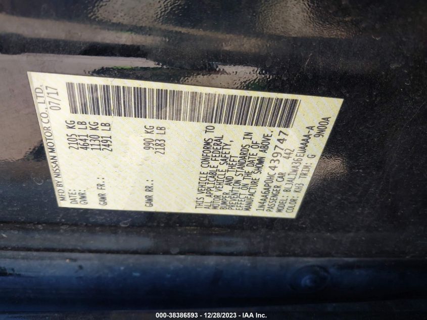 2017 NISSAN MAXIMA 3.5S/SV/SL/SR/PLAT - 1N4AA6AP0HC439747