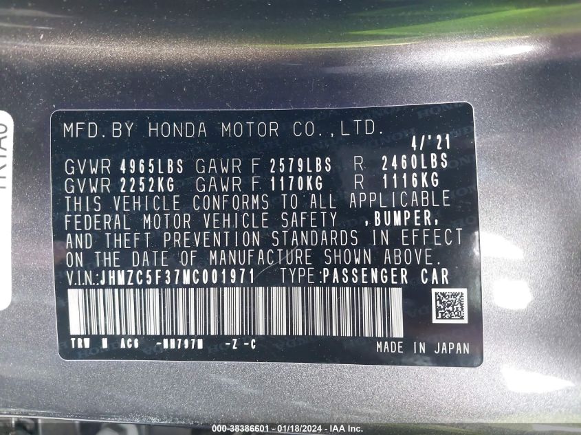 2021 HONDA CLARITY PLUG-IN HYBRID TOURING - JHMZC5F37MC001971