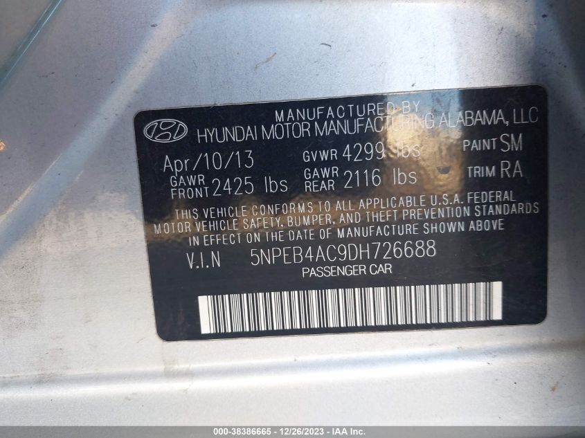 2013 HYUNDAI SONATA GLS - 5NPEB4AC9DH726688