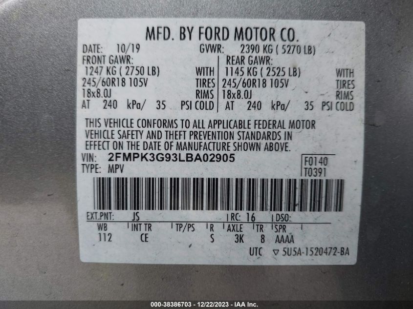 2FMPK3G93LBA02905 2020 FORD EDGE, photo no. 9