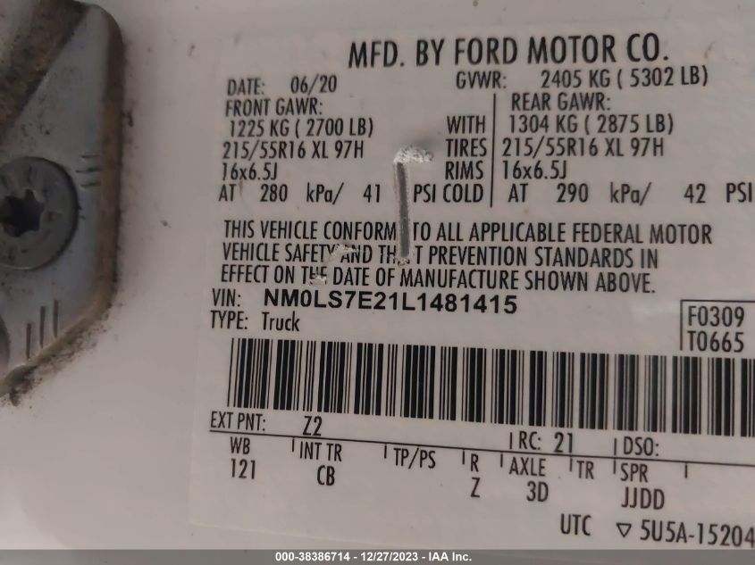 2020 FORD TRANSIT CONNECT XL - NM0LS7E21L1481415