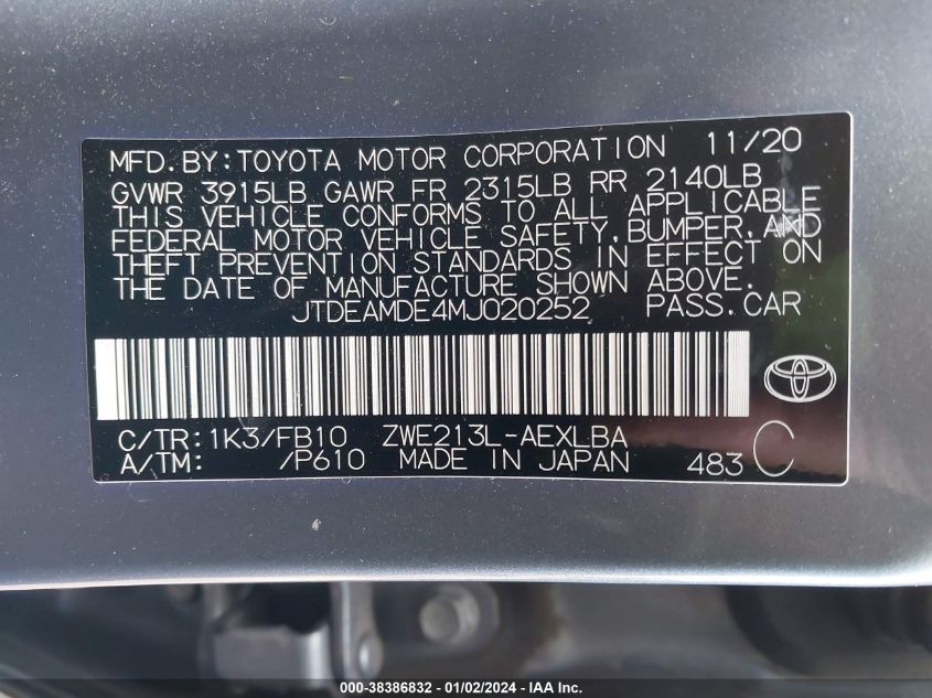 2021 TOYOTA COROLLA HYBRID LE - JTDEAMDE4MJ020252