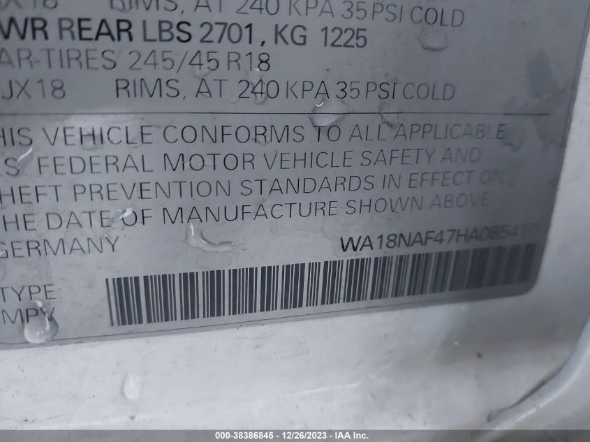 2017 AUDI A4 ALLROAD 2.0T PREMIUM WA18NAF47HA085410