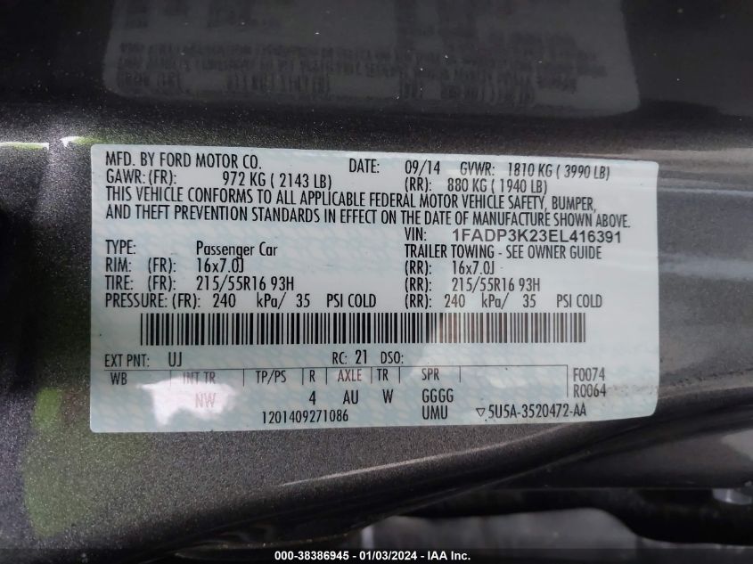 2014 FORD FOCUS SE - 1FADP3K23EL416391