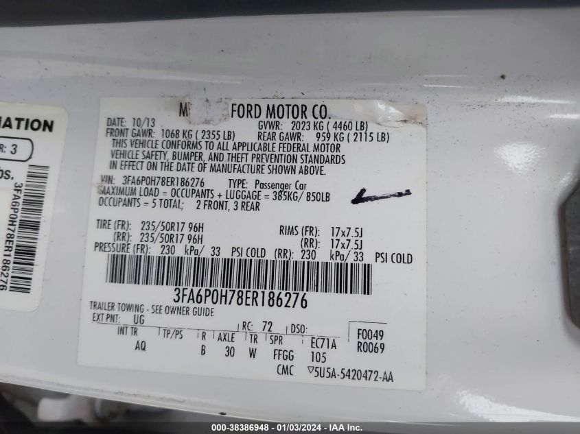 2014 FORD FUSION SE - 3FA6P0H78ER186276