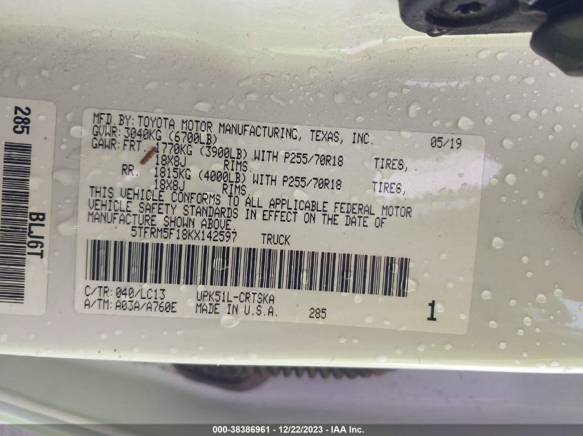 2019 TOYOTA TUNDRA DOUBLE CAB SR/SR5 5TFRM5F18KX142597