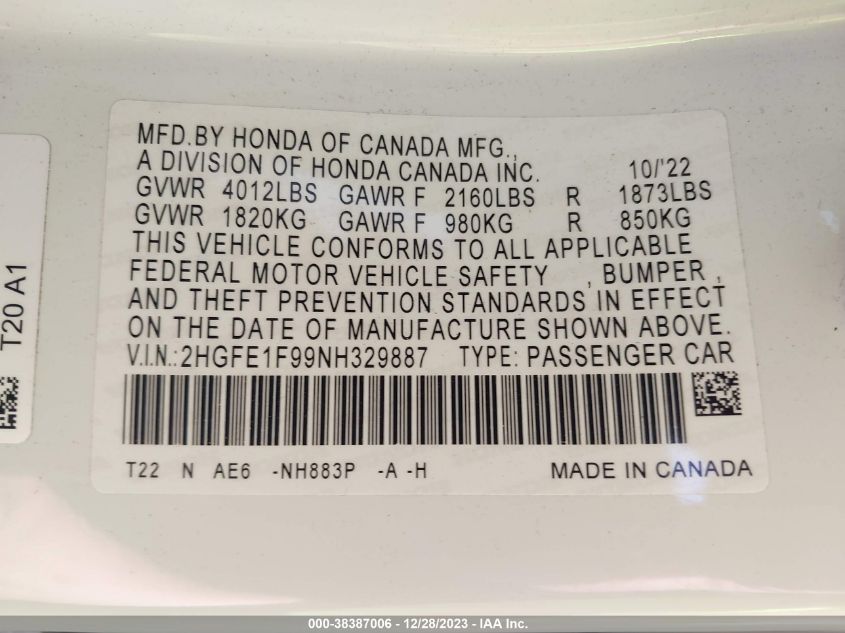 2022 HONDA CIVIC TOURING - 2HGFE1F99NH329887