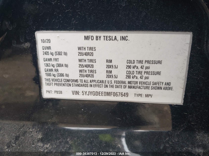 VIN 5YJYGDEE0MF067649 2021 TESLA MODEL Y LONG RANGE DUAL MOTOR ALL-WHEEL DRIVE