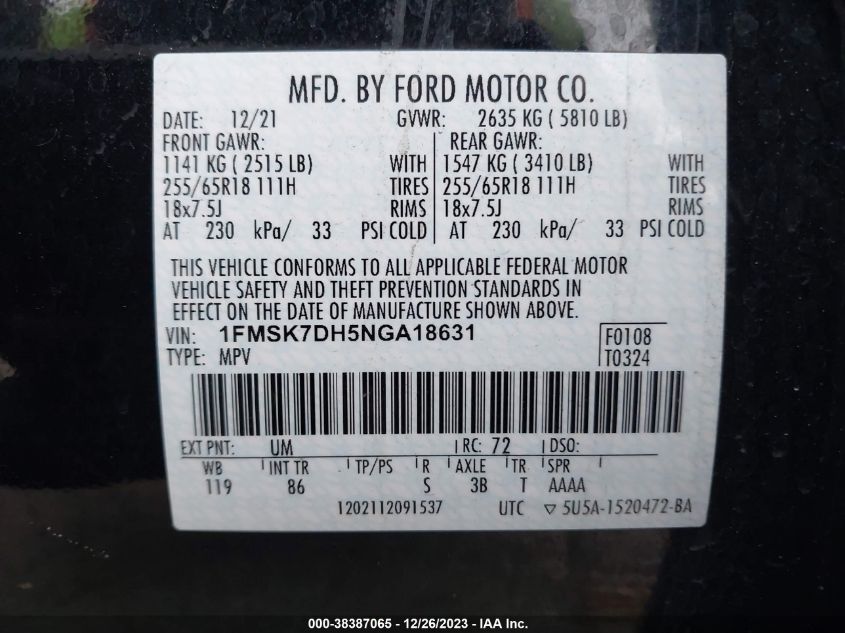 2022 FORD EXPLORER XLT - 1FMSK7DH5NGA18631