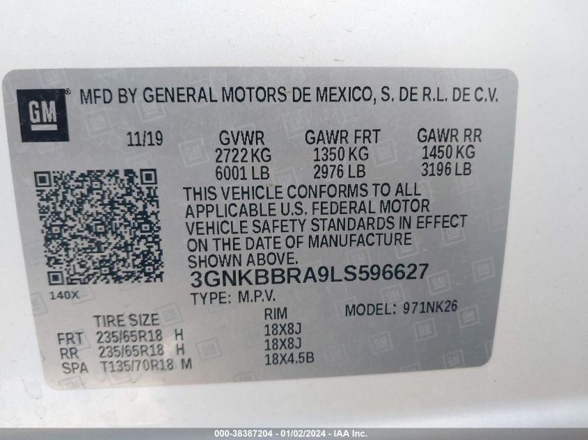 2020 CHEVROLET BLAZER FWD 1LT - 3GNKBBRA9LS596627