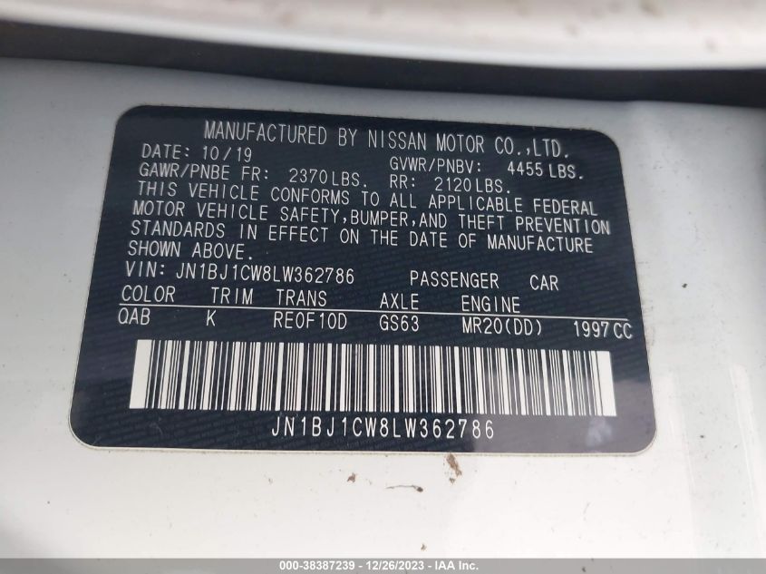 2020 NISSAN ROGUE SPORT SL AWD XTRONIC CVT - JN1BJ1CW8LW362786