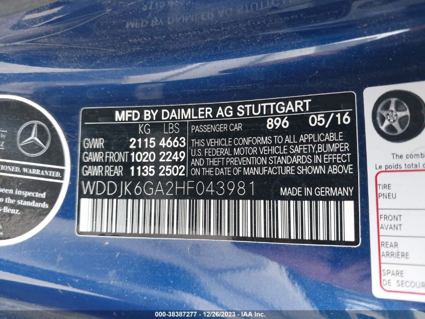 2017 MERCEDES-BENZ SL 450 - WDDJK6GA2HF043981