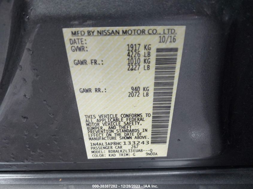 2017 NISSAN ALTIMA 2.5/S/SV/SL/SR - 1N4AL3AP8HC133243