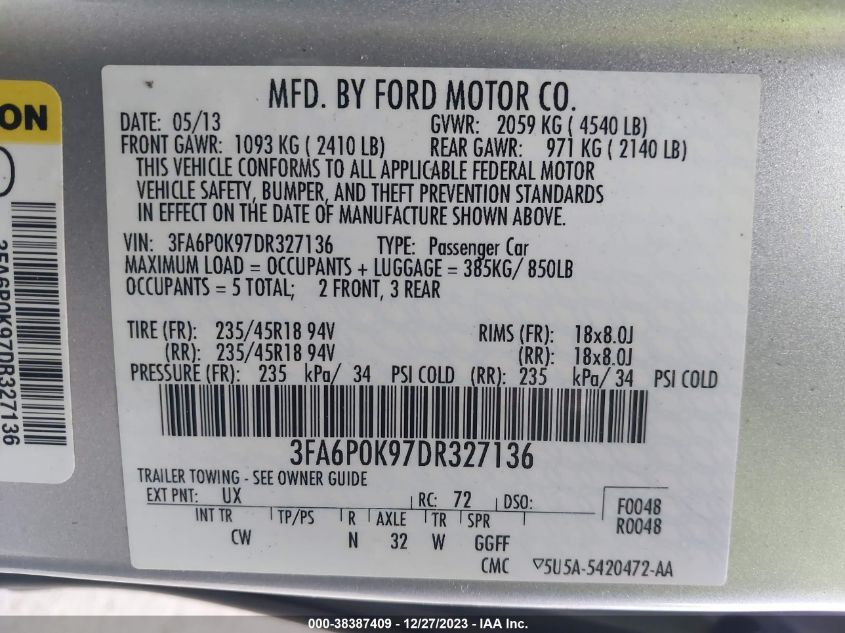 2013 FORD FUSION TITANIUM - 3FA6P0K97DR327136