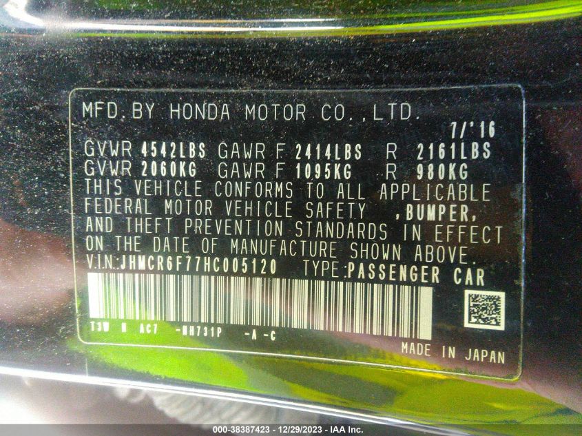 JHMCR6F77HC005120 | 2017 HONDA ACCORD HYBRID