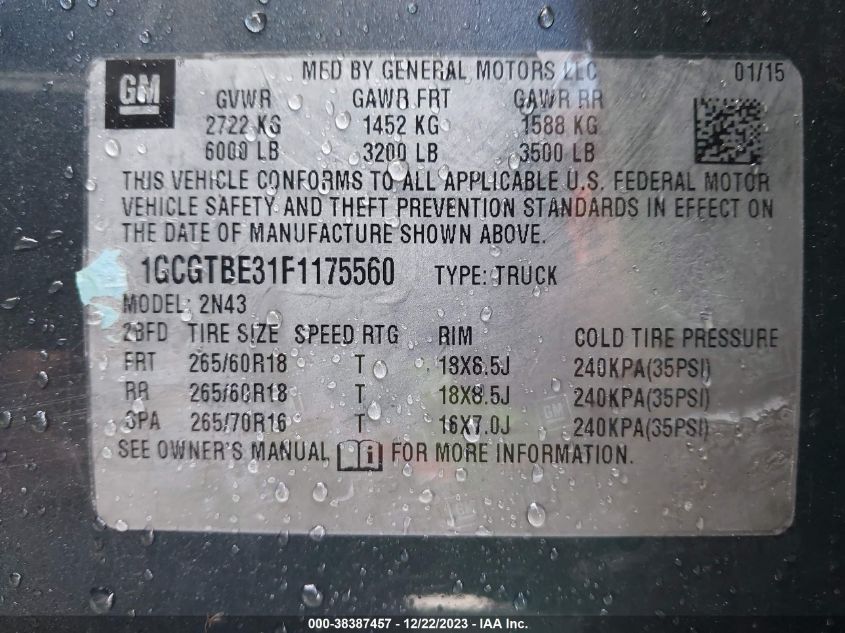 2015 CHEVROLET COLORADO LT - 1GCGTBE31F1175560