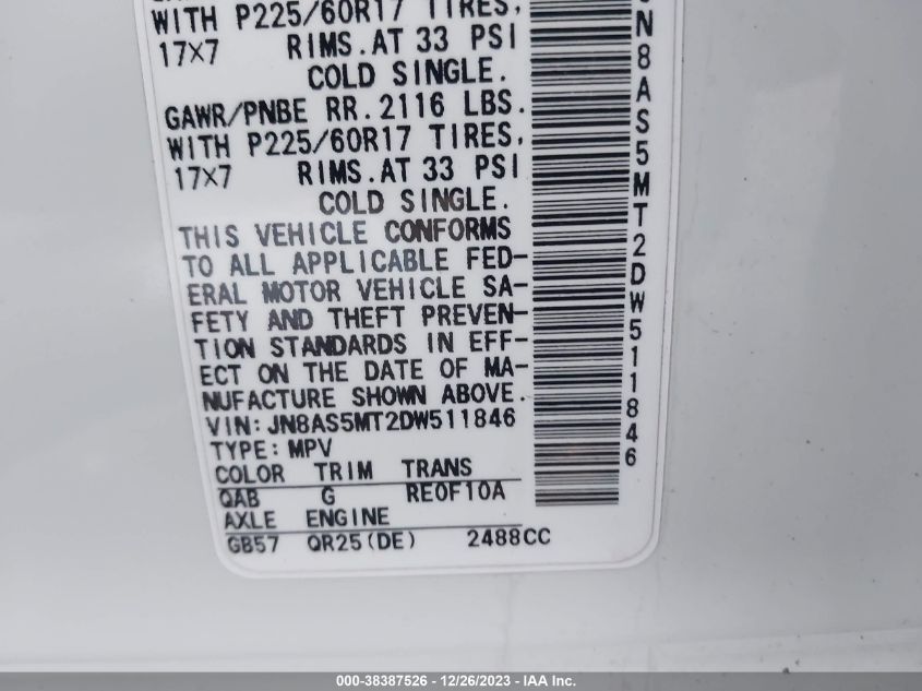 2013 NISSAN ROGUE S/SV - JN8AS5MT2DW511846