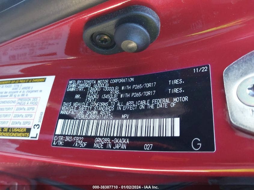 2023 TOYOTA 4RUNNER SE/SR5/SR5 PREMIUM/LIMITED/TRD SPORT/TRD OFF ROAD/TRD OFF ROAD PREM/TRD PRO - JTEMU5JR8P6114976