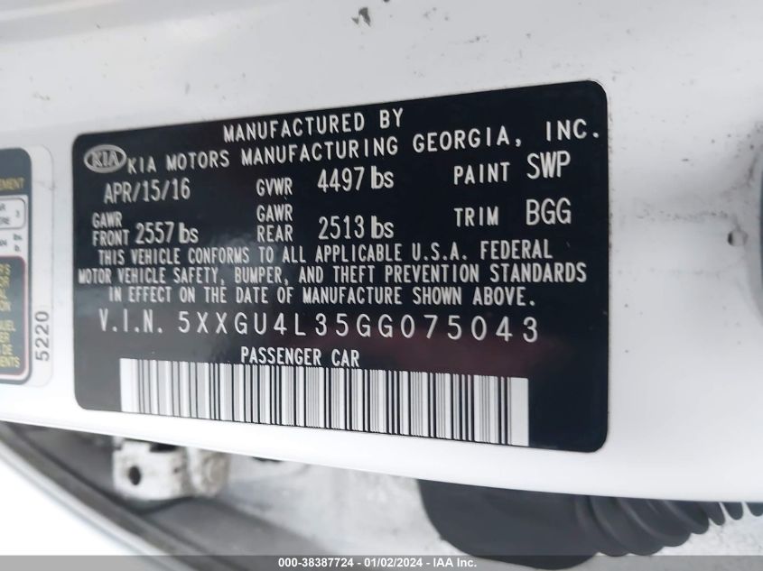 2016 KIA OPTIMA EX - 5XXGU4L35GG075043