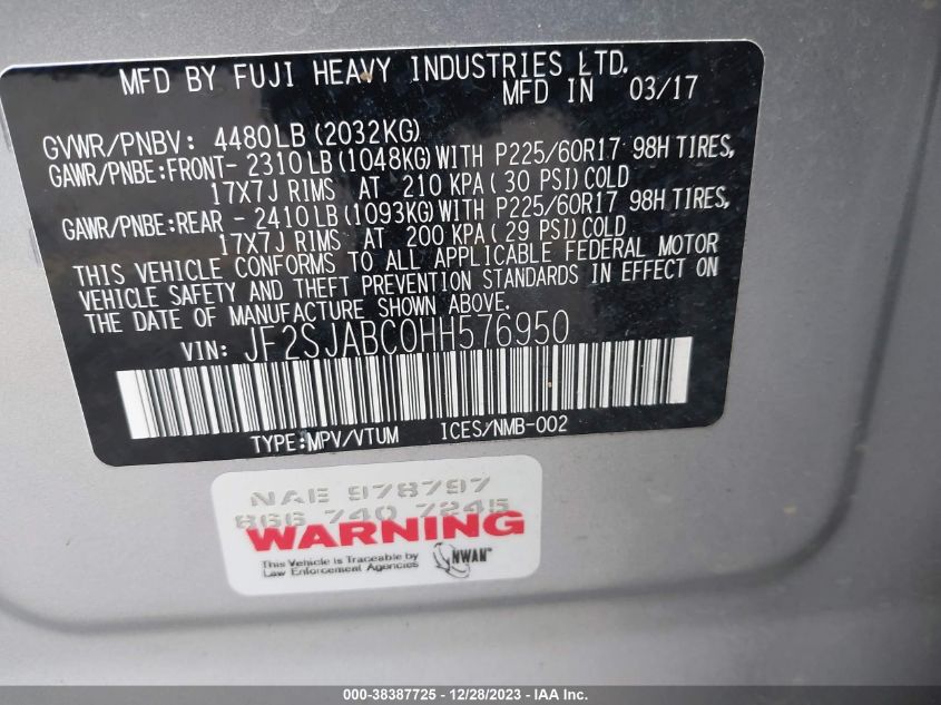 2017 SUBARU FORESTER 2.5I - JF2SJABC0HH576950