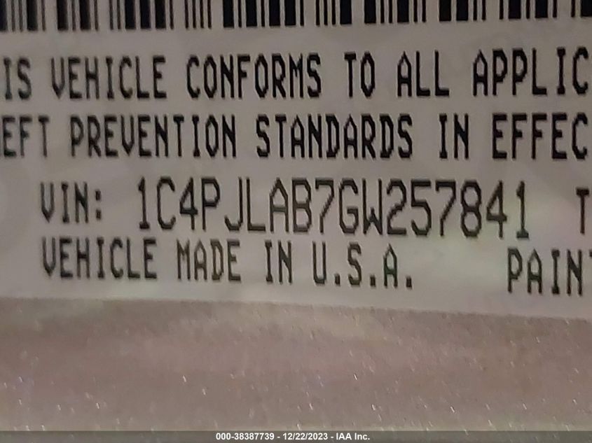 2016 JEEP CHEROKEE SPORT - 1C4PJLAB7GW257841