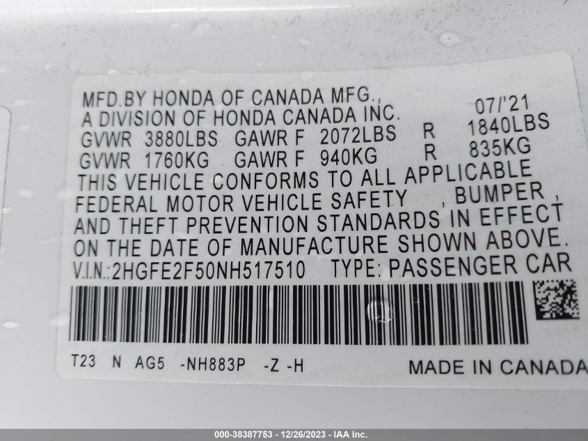 2022 HONDA CIVIC SPORT - 2HGFE2F50NH517510