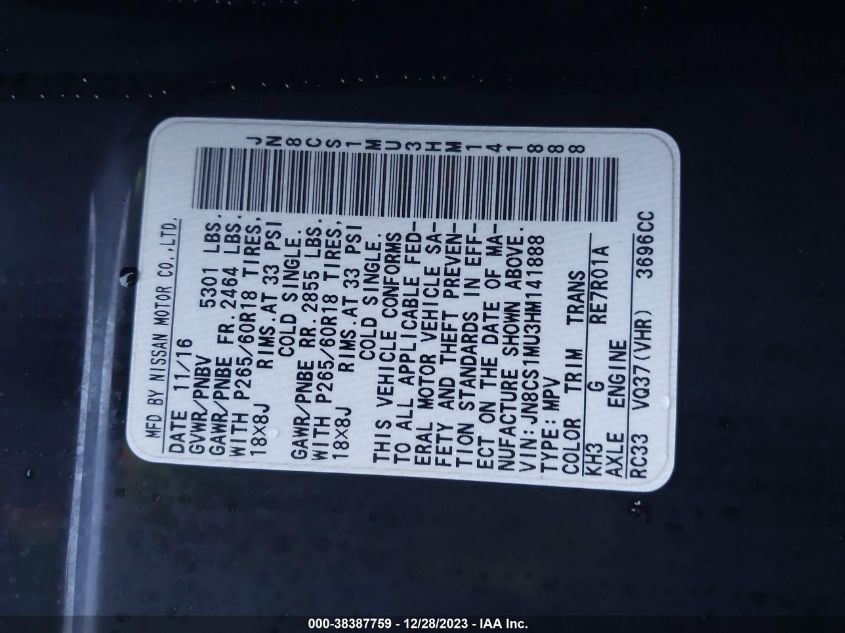 2017 INFINITI QX70 - JN8CS1MU3HM141888