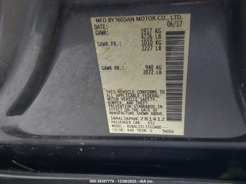 2017 NISSAN ALTIMA 2.5/S/SV/SL/SR - 1N4AL3APXHC281412