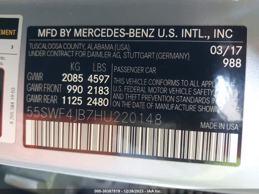 VIN 55SWF4JB7HU220148 2017 MERCEDES-BENZ C 300 300