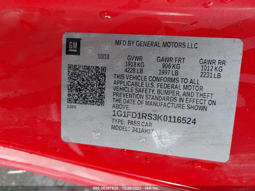 2019 CHEVROLET CAMARO LT - 1G1FD1RS3K0116524