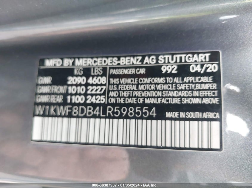 VIN W1KWF8DB4LR598554 2020 MERCEDES-BENZ C 300