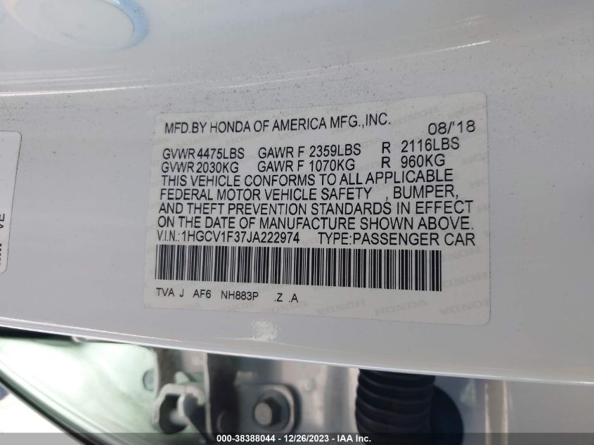 2018 HONDA ACCORD SPORT - 1HGCV1F37JA222974
