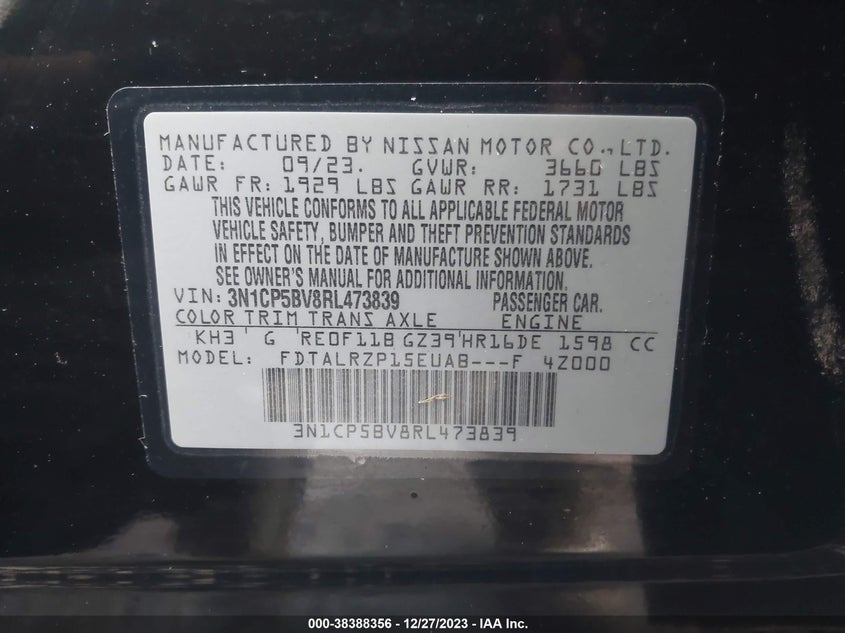 VIN 3N1CP5BV8RL473839 2024 NISSAN KICKS S