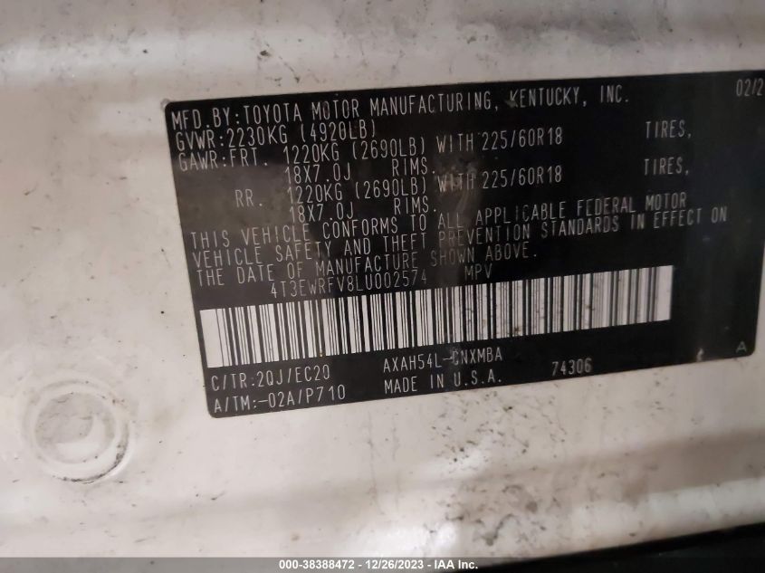 2020 TOYOTA RAV4 XSE HYBRID - 4T3EWRFV8LU002574