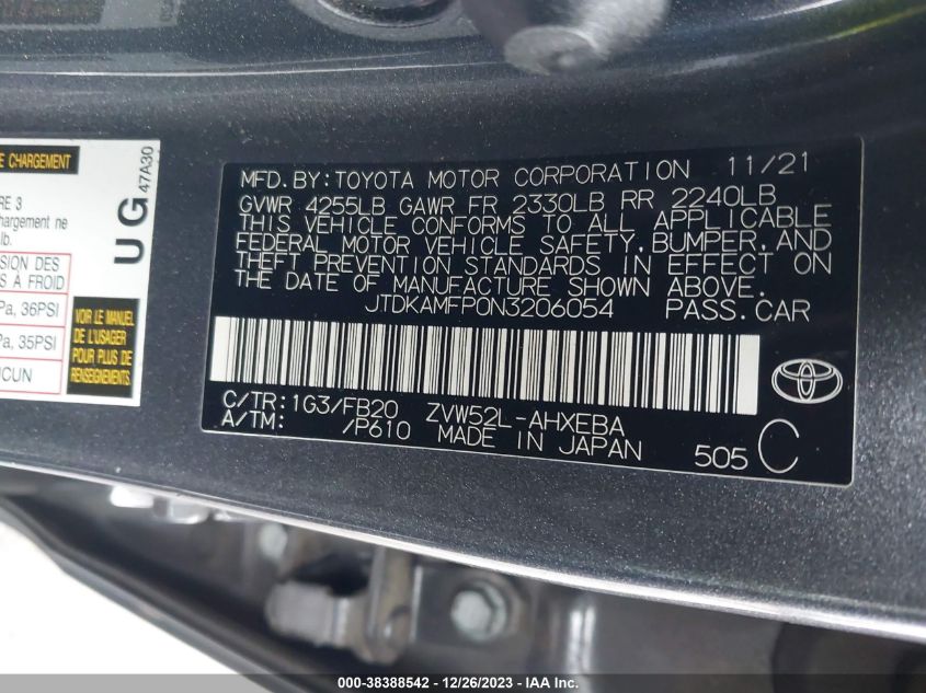 2022 TOYOTA PRIUS PRIME LE - JTDKAMFP0N3206054