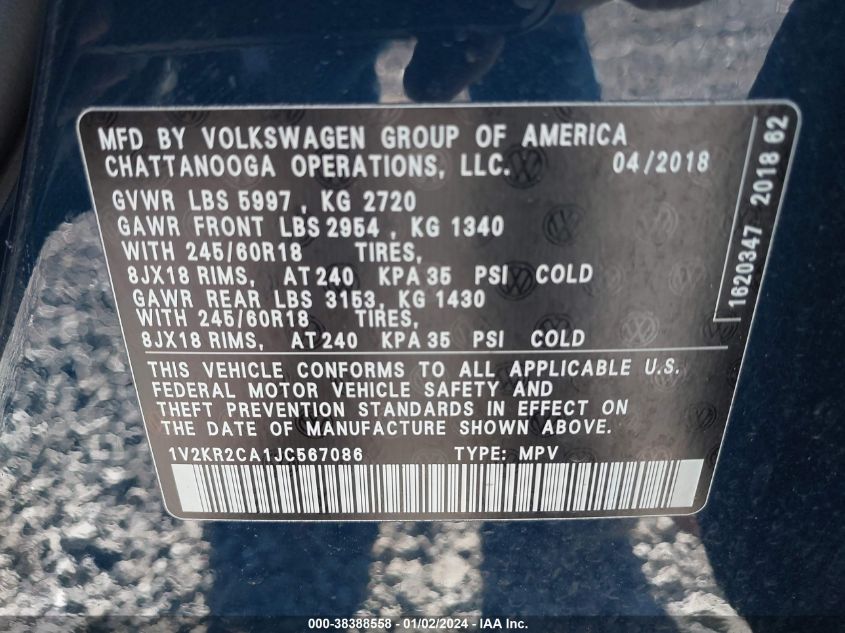 2018 VOLKSWAGEN ATLAS 3.6L V6 SE - 1V2KR2CA1JC567086